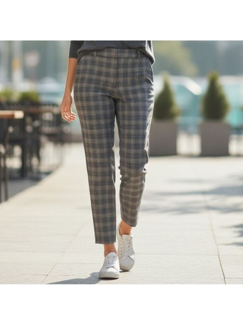 Jules & Leopold Plaid Checkered Pants - Gray and Brown Crop Boxy Relaxed Fit